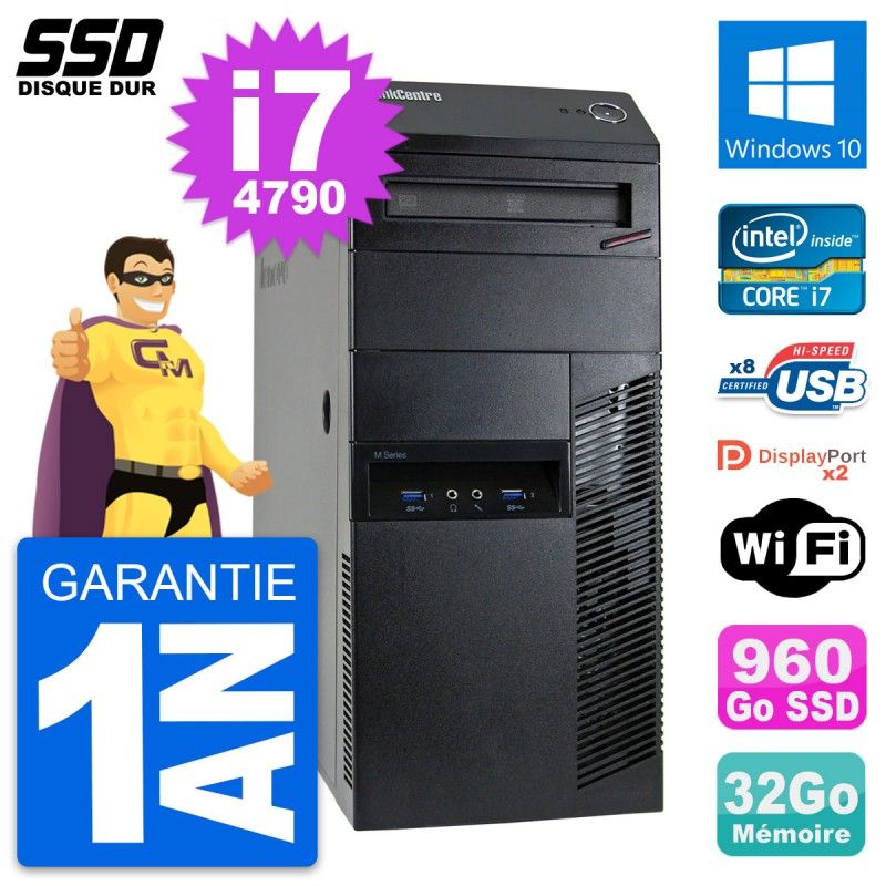 Lenovo ThinkCentre M93p Desktop PC - Intel i7-4790, 32GB RAM, 960GB SSD, Windows 10, WiFi