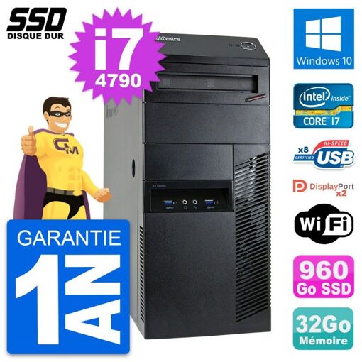Lenovo ThinkCentre M93p Desktop PC - Intel i7-4790, 32GB RAM, 960GB SSD, Windows 10, WiFi