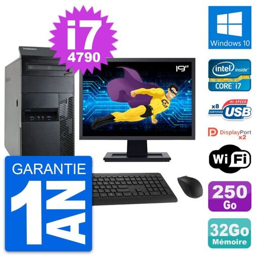 PC de escritorio Lenovo M93p - Pantalla de 19'', Intel Core i7-4790, 32 GB RAM, 250 GB SSD, Windows 10, WiFi