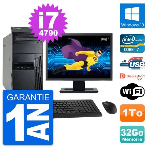 Lenovo M93p Mid Tower PC, 19" Screen, Intel i7-4790, 32GB RAM, 1TB HDD, Windows 10, WiFi