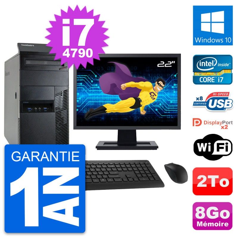 Lenovo M93p Mid Tower PC, 22" Screen, Intel i7-4790, 8GB RAM, 2TB HDD, Windows 10, WiFi