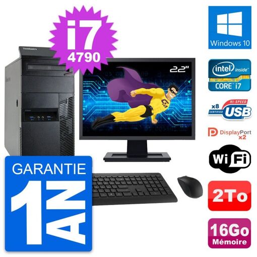 Lenovo M93p Mid Tower PC - 22" Screen, Intel i7-4790, 16GB RAM, 2TB HDD, Windows 10, WiFi