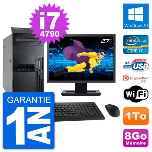 PC de escritorio Lenovo M93p - Pantalla de 27', Intel i7-4790, 8 GB RAM, 1 TB HDD, Windows 10, WiFi