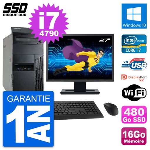 PC de escritorio Lenovo M93p - Pantalla de 27", Procesador Intel i7-4790, 16GB de RAM, SSD de 480GB, Windows 10, WiFi