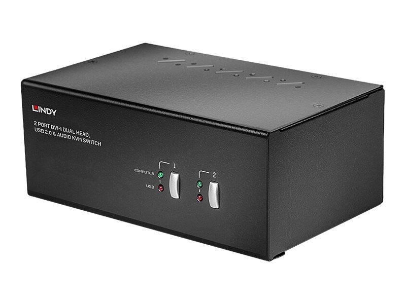 Conmutador KVM Lindy DVI-I Pro de dos cabezas con enlace único y TTU - Conmutación teclado/ratón/pantalla/audio/USB - 1 usuario local - Escritorio