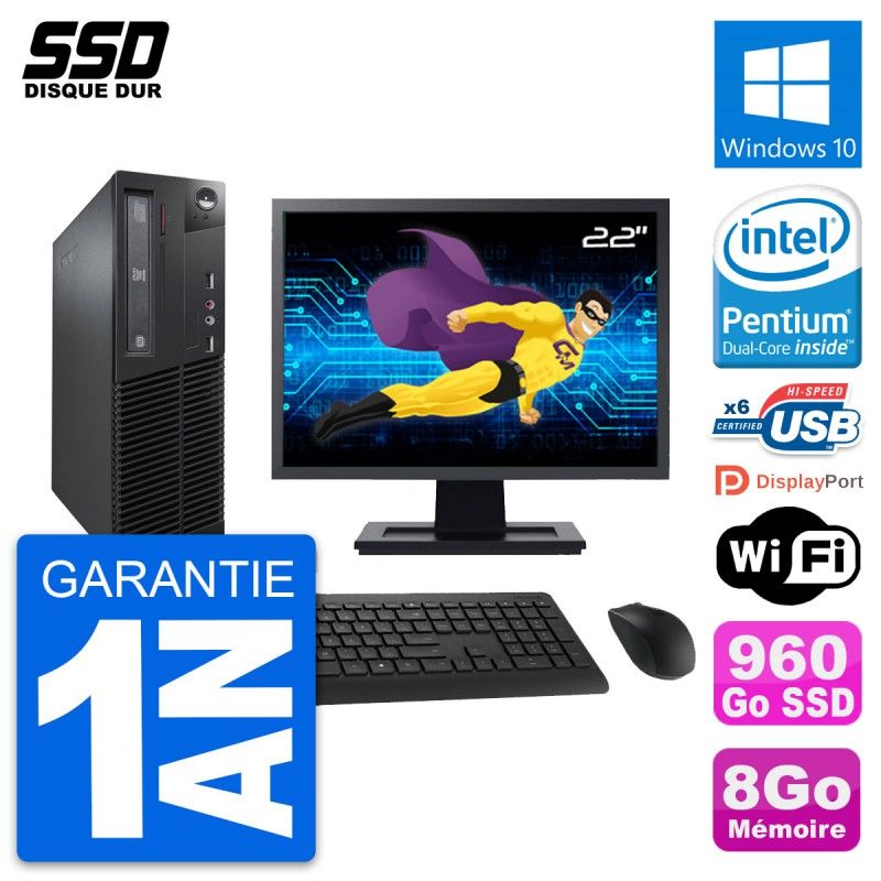 Ordinateur de bureau Lenovo M73 SFF - Écran 22'', Intel G3220, 8 Go de RAM, 960 Go SSD, Windows 10, WiFi