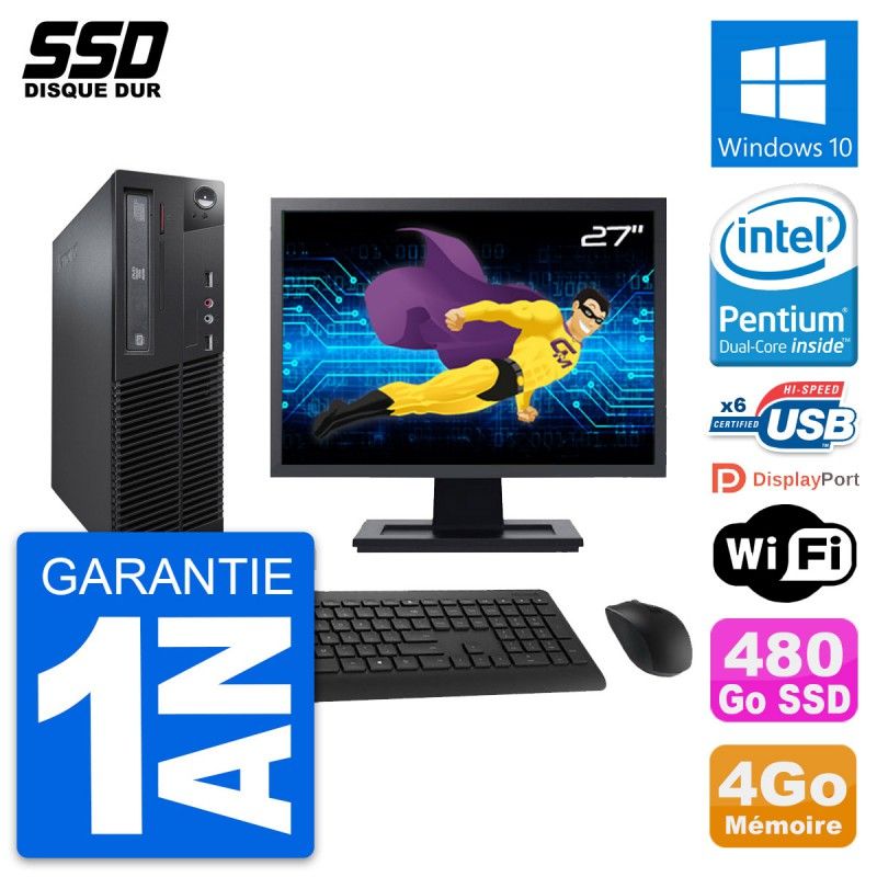 Lenovo M73 SFF Desktop Computer - 27" Screen, Intel G3220, 4GB RAM, 480GB SSD, Windows 10, WiFi