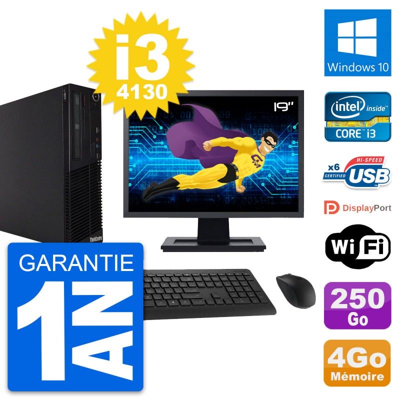 Lenovo M73 SFF Desktop PC - 19" Screen, Intel i3-4130, 4GB RAM, 250GB HDD, Windows 10, WiFi