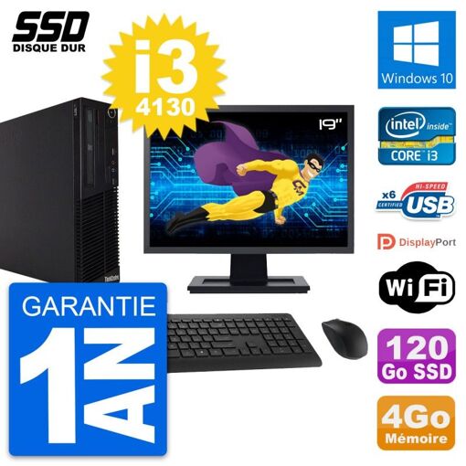 Lenovo M73 SFF Desktop Computer, 19" Screen, Intel i3-4130, 4GB RAM, 120GB SSD, Windows 10, WiFi