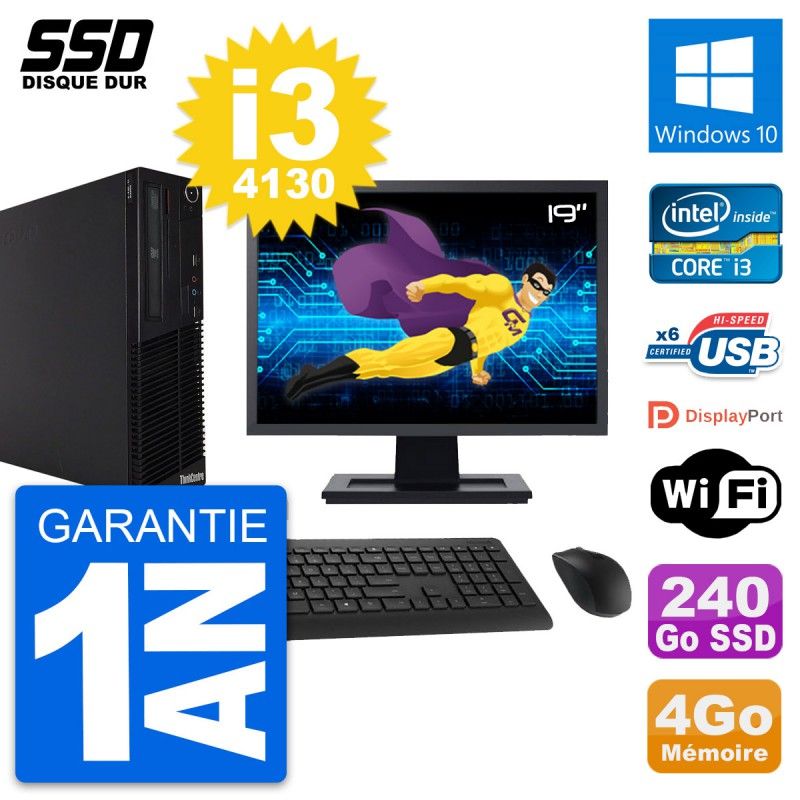 Lenovo M73 SFF Desktop Computer, 19" Screen, Intel i3-4130, 4GB RAM, 240GB SSD, Windows 10, WiFi