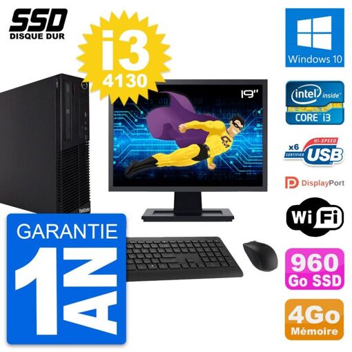 Lenovo M73 SFF Desktop Computer, 19" Screen, Intel i3-4130, 4GB RAM, 960GB SSD, Windows 10, WiFi