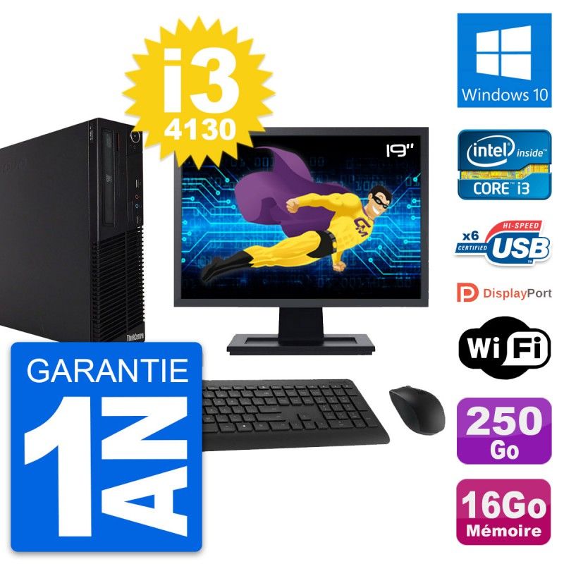 Lenovo M73 SFF Desktop PC - 19" Screen, Intel i3-4130, 16GB RAM, 250GB HDD, Windows 10, Wifi