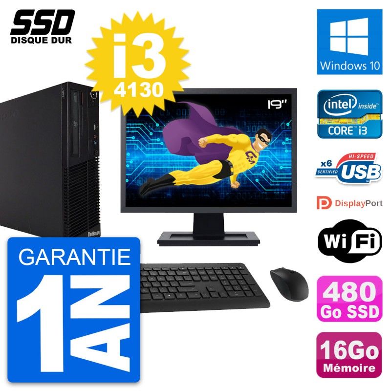 Lenovo M73 SFF Desktop Computer - 19" Screen, Intel i3-4130, 16GB RAM, 480GB SSD, Windows 10, WiFi