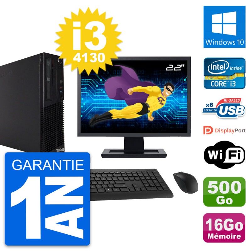 Lenovo M73 SFF Desktop Computer, 22" Screen, Intel i3-4130, 16GB RAM, 500GB Hard Drive, Windows 10, WiFi