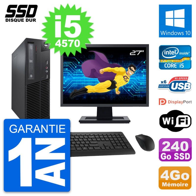 Lenovo M73 SFF Desktop Computer - 27" Screen, Intel i5-4570, 4GB RAM, 240GB SSD, Windows 10, Wifi