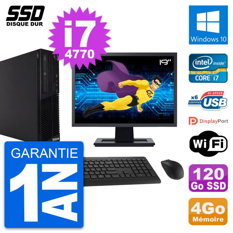 Lenovo M73 SFF Desktop Computer, 19" Screen, Intel i7-4770, 4GB RAM, 120GB SSD, Windows 10, WiFi