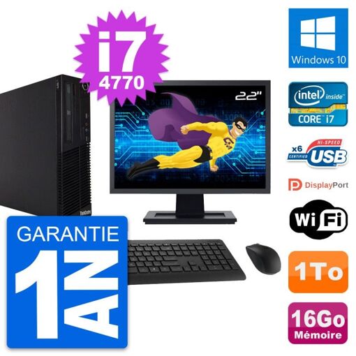 Lenovo M73 SFF Desktop Computer, 22" Screen, Intel i7-4770, 16GB RAM, 1TB HDD, Windows 10, WiFi