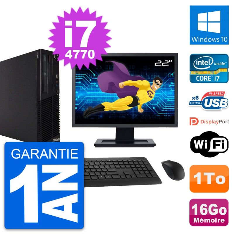 Lenovo M73 SFF Desktop Computer, 22" Screen, Intel i7-4770, 16GB RAM, 1TB HDD, Windows 10, WiFi