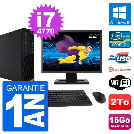 Lenovo M73 SFF Desktop Computer, 22" Screen, Intel i7-4770, 16GB RAM, 2TB Hard Drive, Windows 10, WiFi