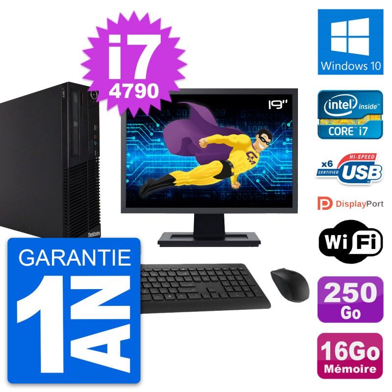 Lenovo M73 SFF Desktop Computer, 19" Screen, Intel i7-4790, 16GB RAM, 250GB SSD, Windows 10, Wi-Fi