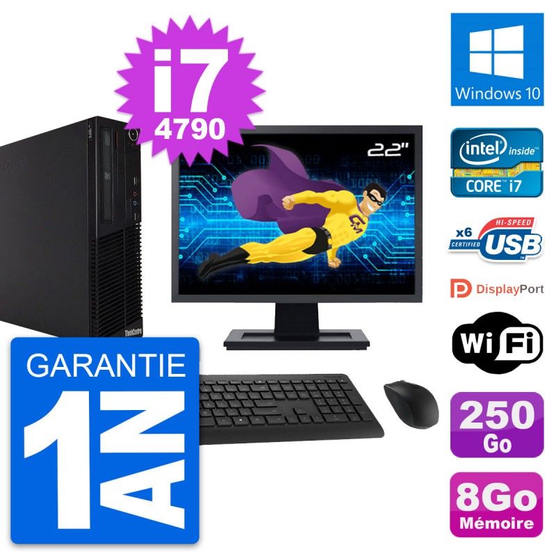 Lenovo M73 SFF Desktop Computer - 22" Screen, Intel i7-4790, 8GB RAM, 250GB SSD, Windows 10, WiFi