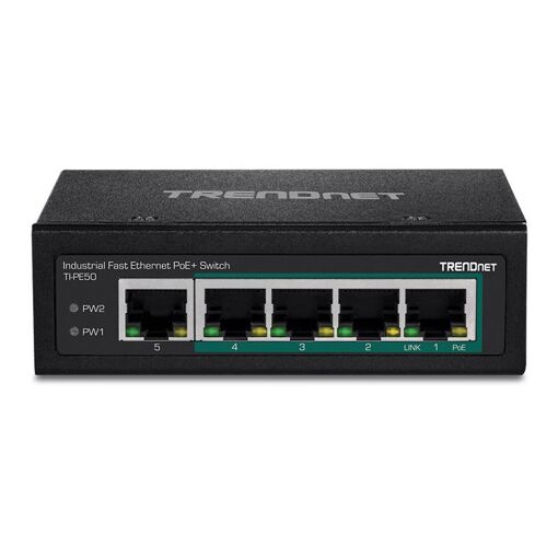Commutateur Trendnet TI-PE50 - 4 ports Ethernet 10/100 PoE+ + 1 port 10/100, montage sur rail DIN, fixation murale, 90W PoE+, tension CC, conforme TAA