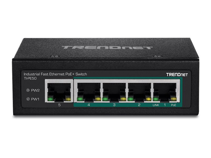 Trendnet TI-PE50 - PoE+ Switch - 4 x 10/100 + 1 x 10/100, DIN Rail Mount, Wall Mountable, 90W PoE+, CC Voltage, TAA Compliant