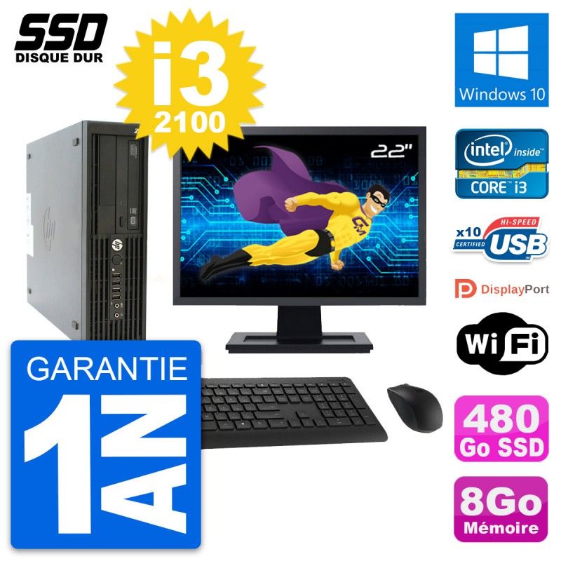 HP Z210 SFF Desktop Computer, 22" Screen, Intel Core i3-2100, 8GB RAM, 480GB SSD, Windows 10, WiFi