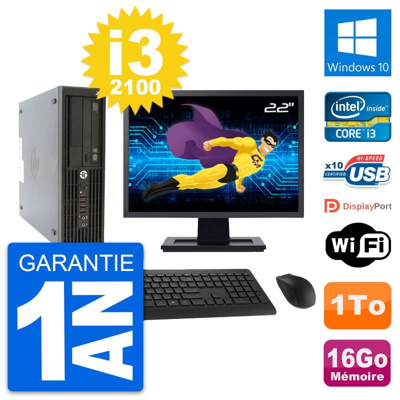 HP Z210 SFF Desktop Computer, 22" Screen, Intel Core i3-2100, 16GB RAM, 1TB HDD, Windows 10, WiFi