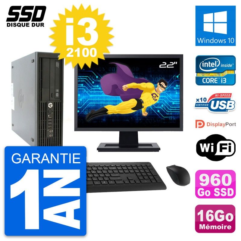 HP Z210 SFF Desktop Computer - 22" Screen, Intel Core i3-2100, 16GB RAM, 960GB SSD, Windows 10, WiFi