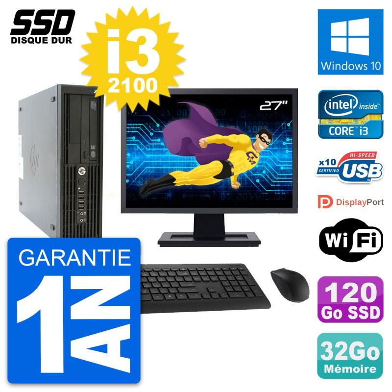 HP Z210 SFF Desktop Computer, 27" Screen, Intel Core i3-2100, 32GB RAM, 120GB SSD, Windows 10, WiFi