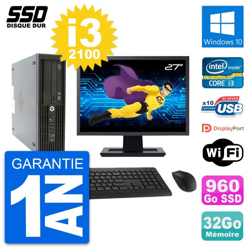 HP Z210 SFF Desktop Computer, 27" Screen, Intel Core i3-2100, 32GB RAM, 960GB SSD, Windows 10, WiFi