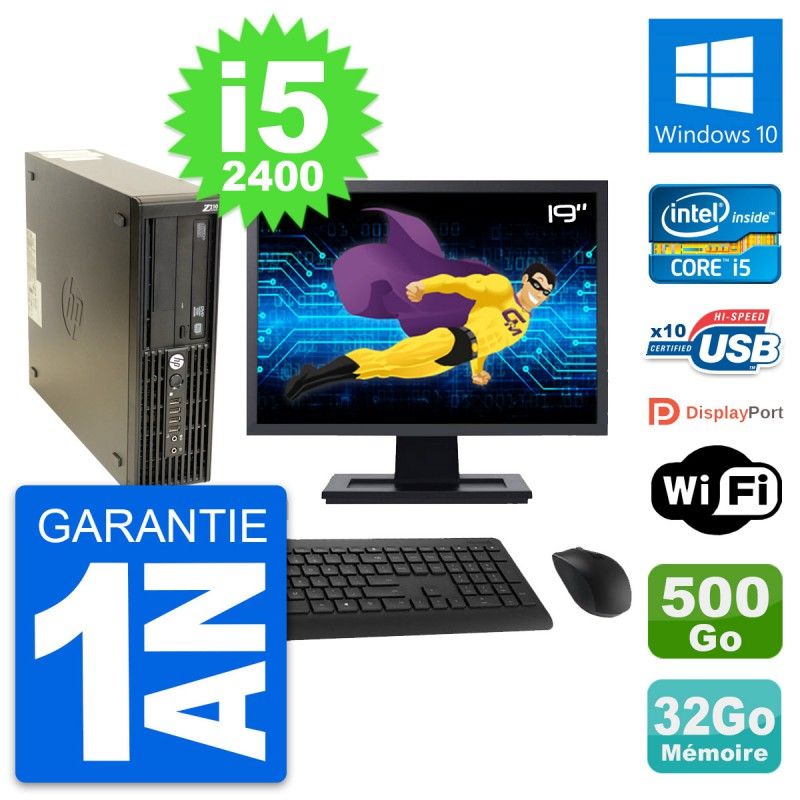 HP Z210 SFF Desktop PC - 19" Screen, Intel i5-2400, 32GB RAM, 500GB HDD, Windows 10, WiFi