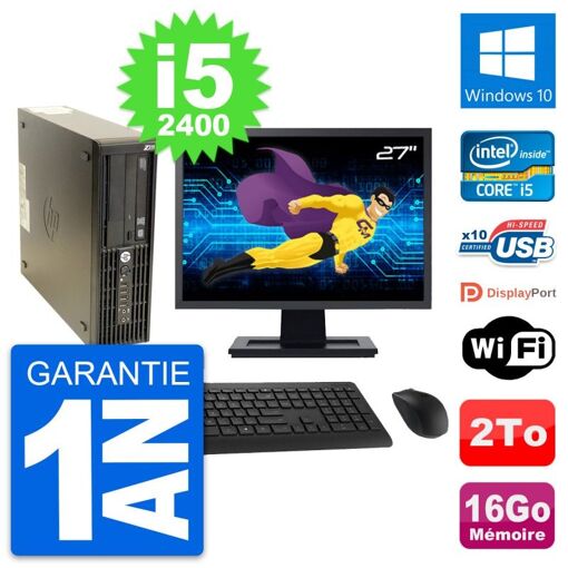 HP Z210 SFF Desktop Computer, 27" Screen, Intel Core i5-2400, 16GB RAM, 2TB HDD, Windows 10, WiFi