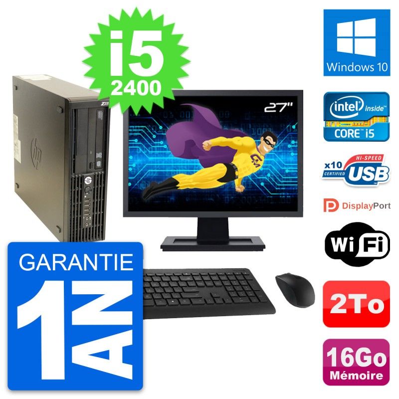 HP Z210 SFF Desktop Computer, 27" Screen, Intel Core i5-2400, 16GB RAM, 2TB HDD, Windows 10, WiFi