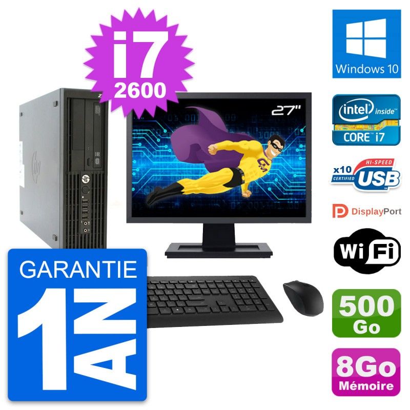 Station de travail HP Z210 SFF - Écran 27'', Intel i7-2600, 8 Go de RAM, Disque dur 500 Go, Windows 10, Wi-Fi