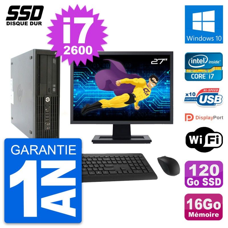 Ordinateur de bureau HP Z210 SFF | Écran 27 pouces | Processeur Intel Core i7-2600 | 16 Go de RAM | SSD 120 Go | Windows 10