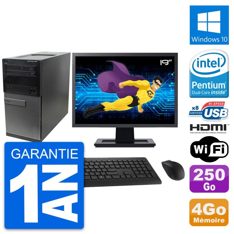 Dell Optiplex 390 MT Desktop PC - 19" Screen, Intel Pentium G630, 4GB RAM, 250GB HDD, HDMI, Windows 10, Wi-Fi