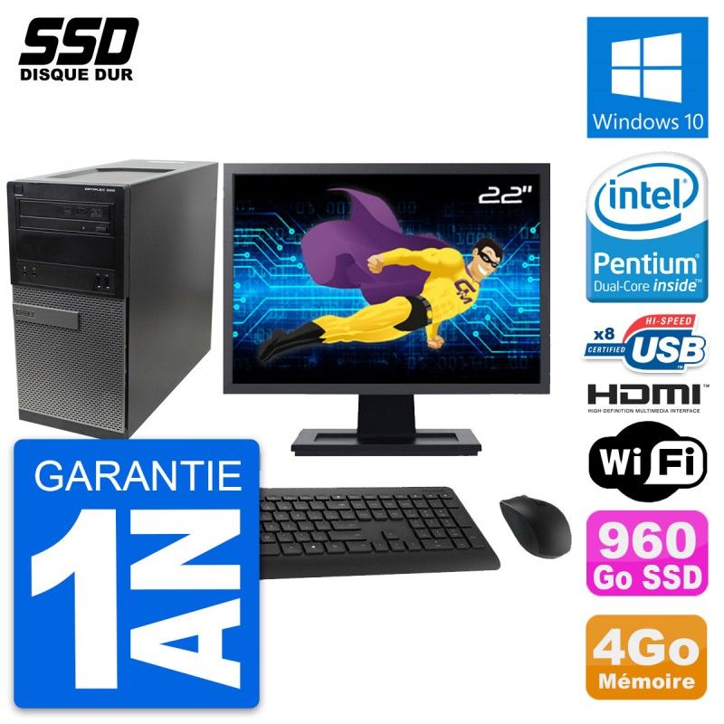 Dell Optiplex 390 MT Desktop PC - 22" Screen, Intel Pentium G630, 4GB RAM, 960GB SSD, HDMI, Windows 10, WiFi