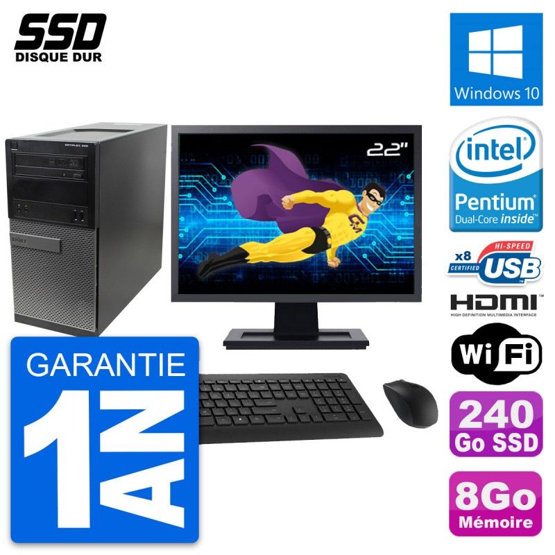 Dell Optiplex 390 MT Desktop Computer, 22" Screen, Intel G630 Processor, 8GB RAM, 240GB SSD, HDMI, Windows 10, WiFi