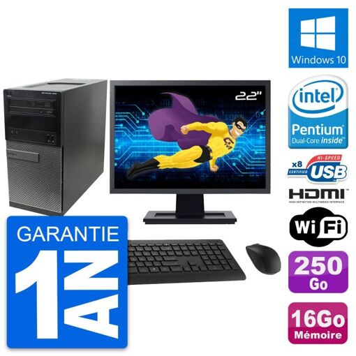 Dell Optiplex 390 MT Desktop PC - 22" Screen, Intel Pentium G630, 16GB RAM, 250GB HDD, HDMI, Windows 10, WiFi
