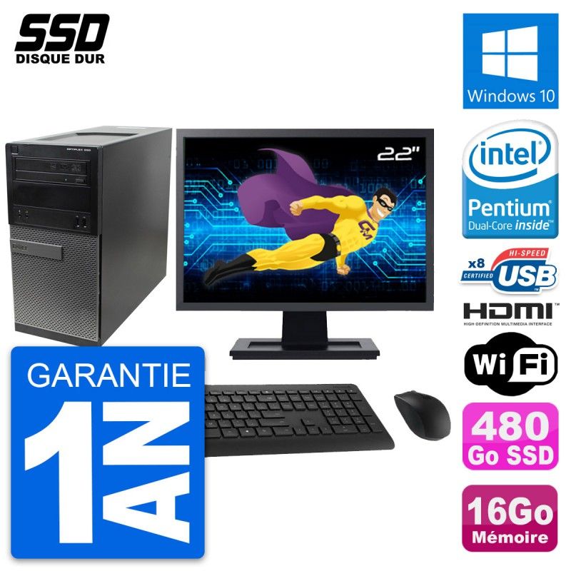 Ordinateur de bureau Dell Optiplex 390 MT - Écran 22'', Processeur Intel G630, 16 Go de RAM, 480 Go SSD, HDMI, Windows 10, Wifi