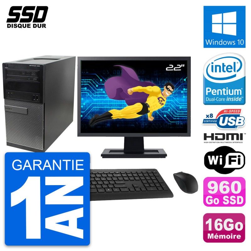 Ordinateur de bureau Dell Optiplex 390 MT - Écran 22'', Processeur Intel G630, 16 Go RAM, 960 Go SSD, HDMI, Windows 10, Wifi