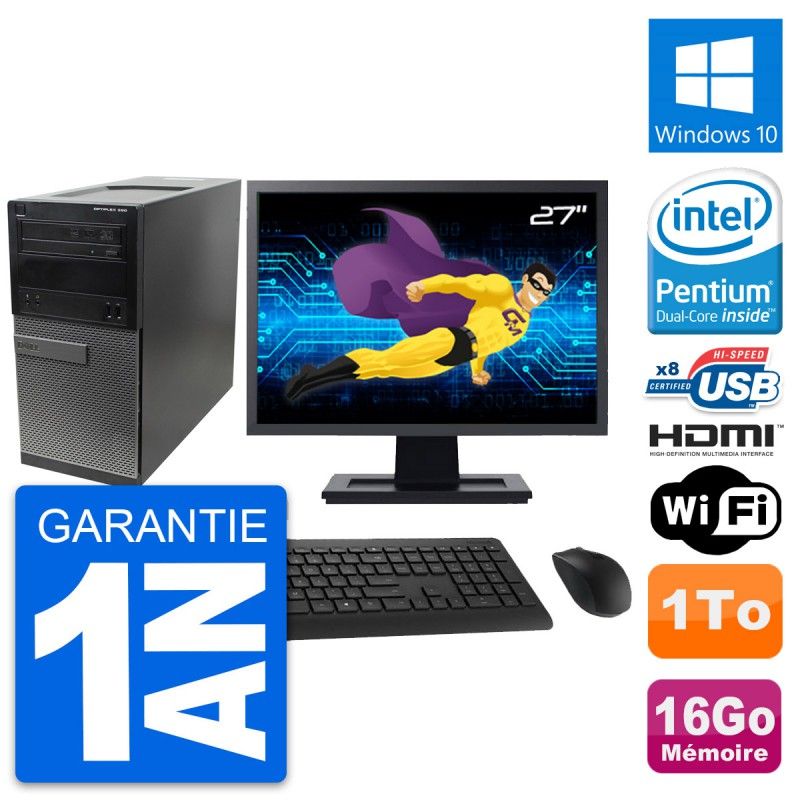 Ordinateur de bureau Dell Optiplex 390 MT - Écran 27'', Processeur Intel Pentium G630, 16 Go de RAM, Disque dur 1 To, Windows 10