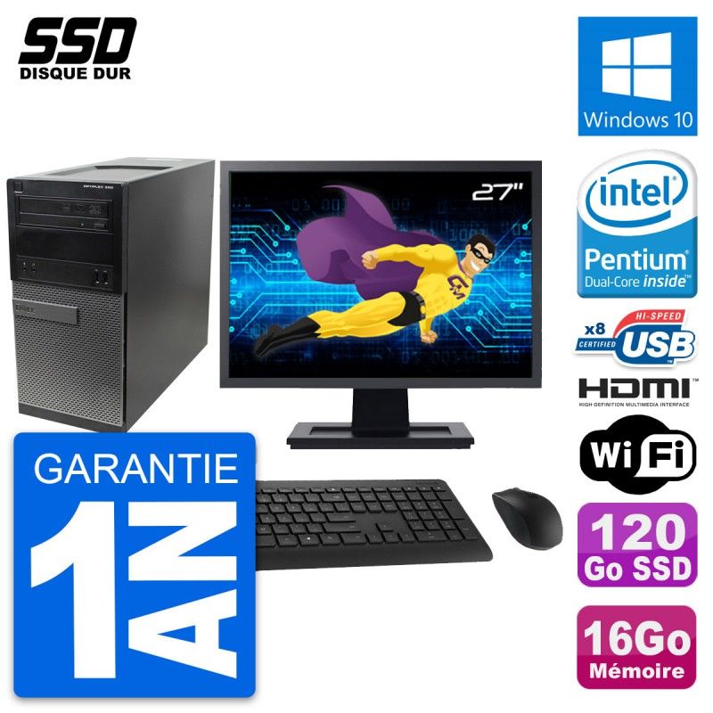 Dell Optiplex 390 MT Desktop Computer - 27" Screen, Intel Pentium G630, 16GB RAM, 120GB SSD, HDMI, Windows 10, WiFi