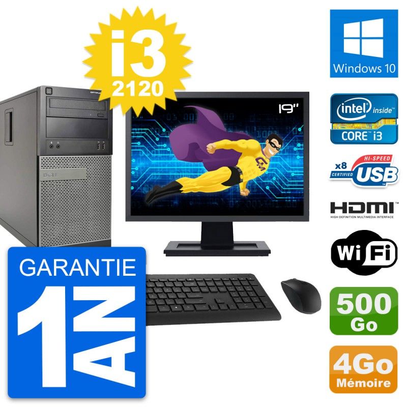 Dell Optiplex 390 MT Desktop PC - 19" Screen, i3-2120, 4GB RAM, 500GB Hard Drive, HDMI, Wi-Fi, Windows 10