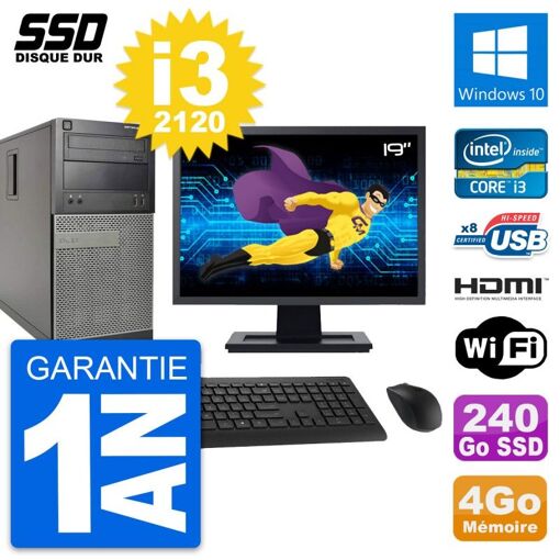 Dell Optiplex 390 MT Desktop Computer, 19" Screen, i3-2120, 4GB RAM, 240GB SSD, HDMI, WiFi, Windows 10