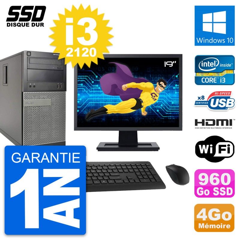 Dell Optiplex 390 MT Desktop PC - 19" Screen, i3-2120, 4GB RAM, 960GB SSD, HDMI, Windows 10, Wi-Fi