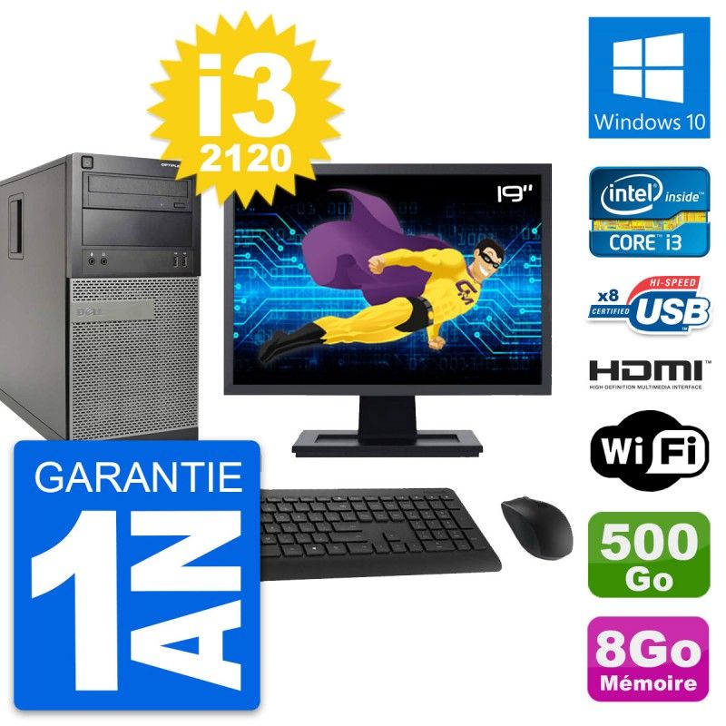 Dell Optiplex 390 MT Desktop PC - 19" Screen, i3-2120, 8GB RAM, 500GB HDD, HDMI, WiFi, Windows 10