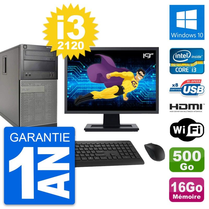 Dell Optiplex 390 MT Desktop PC - 19" Screen, i3-2120, 16GB RAM, 500GB HDD, HDMI, Wi-Fi, Windows 10
